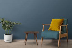 Mid-century modern living room interior design with monstera tree